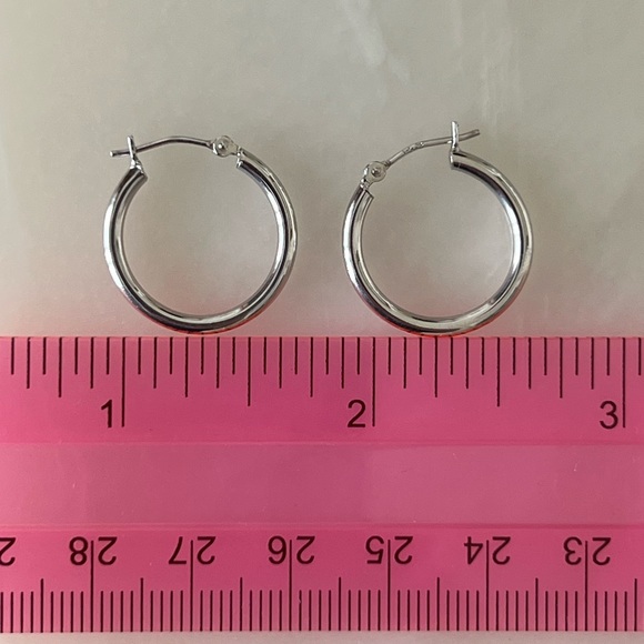 14k Solid White Gold Glossy Thin Hoop Earrings - Picture 11 of 13